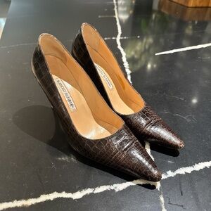 Manolo Blahnik Dark Brown Croc Heels